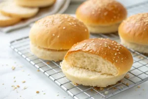 Image of freshly baked Egg White Burger Buns. The photo shows golden-brown, light-textured buns on a cooling rack, some sliced in half to show their airy insides. This highlights a healthier alternative for burger buns