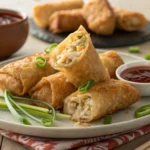 A plate of freshly fried, golden-brown Crab Rangoon Egg Rolls, garnished with green onions and served with a side of dipping sauce. Some egg rolls are sliced to show their creamy filling
