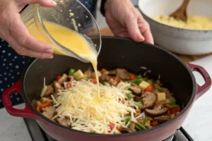 Hands pouring a mixture of beaten eggs and cheese into a Dutch oven with sautéed vegetables and sausage, preparing a breakfast casserole for baking.