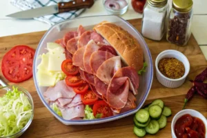 Image of a Homemade Sub in a Tub being assembled. The layers of ingredients like lettuce, meats, cheese, and vegetables are clearly visible in a clear bowl, emphasizing the organization and fresh components