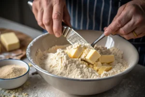 A series of images demonstrating the steps for making einkorn biscuits: cutting in butter, adding buttermilk, shaping with a cutter, and baking in the oven, all showcasing the preparation process.