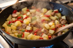 Close-up action shot of diced potatoes, sausage, and bell peppers sizzling in a Dutch oven on the stovetop, being sautéed for a breakfast casserole.