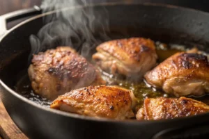 Close-up of chicken thighs being seared in a hot Dutch oven, showing the browning process and sizzling oil