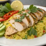 "A plate of spicy chicken and yellow rice, featuring vibrant chilies and spices."