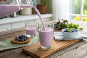 A close-up shot of a high-speed blender whirring, filled with a mixture of pink and purple ingredients, partially blended, with a small amount of smoothie spattering the inside of the blender and on the lid. A soft, diffused light adds to the dynamic image