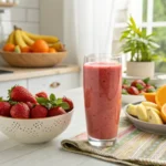 A clear glass being filled with a thick, creamy, light purple smoothie. The glass sits on a rustic wooden table and the background shows a blurred kitchen counter with a hint of natural daylight. The smoothie has a smooth, inviting consistency