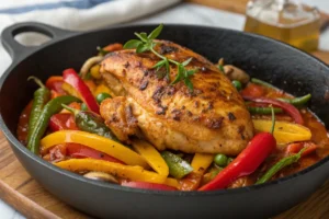 Easy Galena Chicken. The photo highlights the rich and vibrant colors of the dish, showcasing the golden-brown chicken, colorful vegetables, and luscious sauce, offering a visually appealing meal