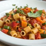 Image of colorful Easy Ditalini Pasta. The photo highlights the texture and vibrant colors of the dish, showcasing the different pasta shapes, sauce, and added elements. A pleasing meal to the eyes