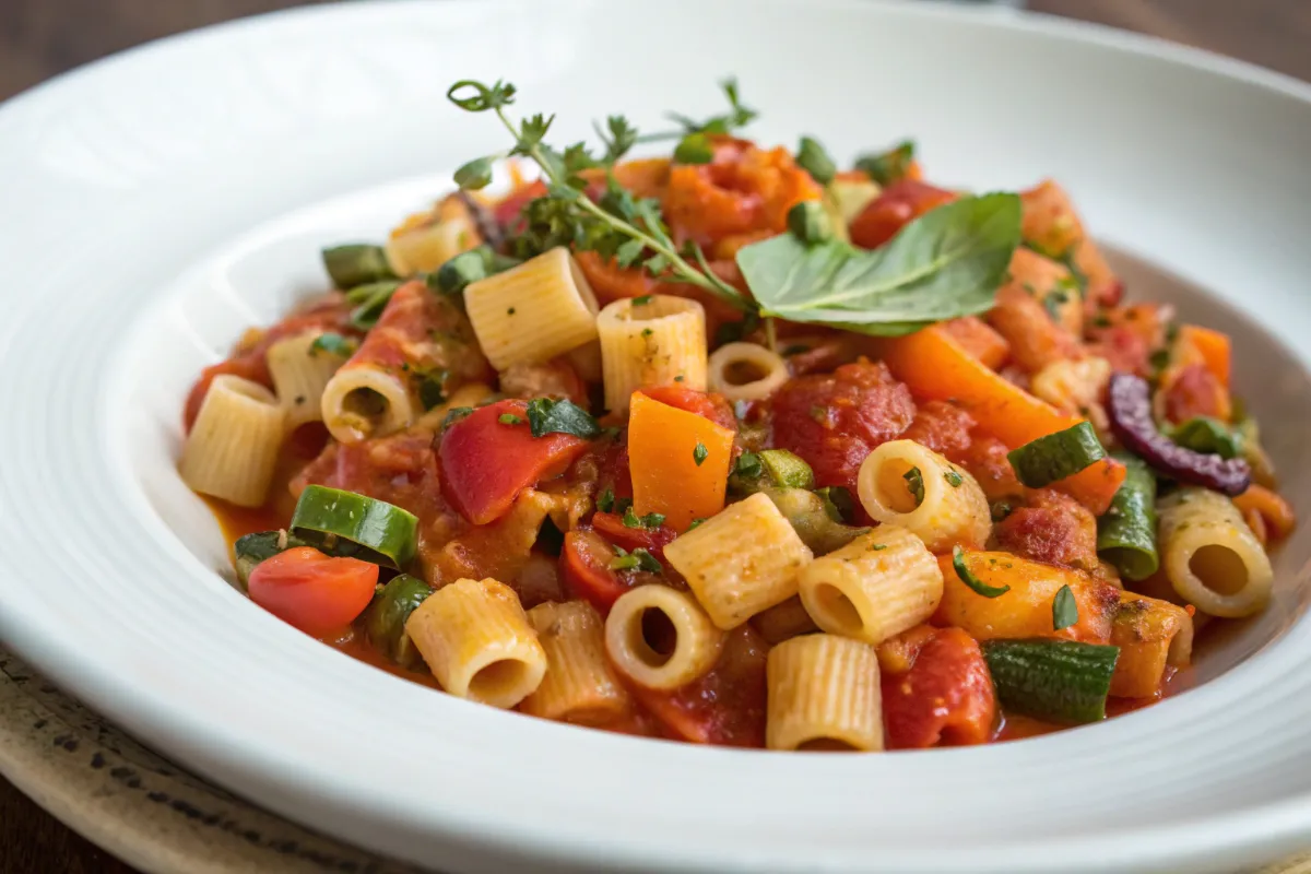 Image of colorful Easy Ditalini Pasta. The photo highlights the texture and vibrant colors of the dish, showcasing the different pasta shapes, sauce, and added elements. A pleasing meal to the eyes