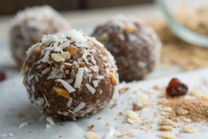 An extreme close-up photo of a date palm energy ball, revealing a textured surface coated with coconut or cocoa powder, and visible pieces of oats and dates, emphasizing its natural composition