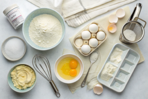 Flat lay image displaying all ingredients and tools needed to make Egg White Burger Buns. The photo shows separated egg whites, baking powder, flour, and other items, along with mixing bowls, a whisk, and baking utensils, laid out in a well-organized arrangement