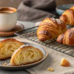 Freshly baked Swiss Gipfeli recipe pastries on a wooden tray with coffee and fruit