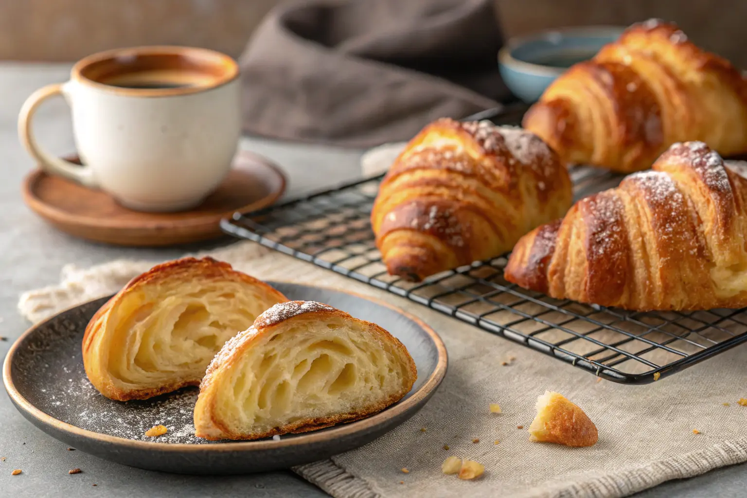 Freshly baked Swiss Gipfeli recipe pastries on a wooden tray with coffee and fruit