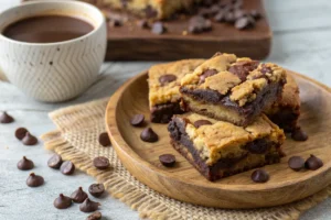 Overhead view of brookie batter with brownie and cookie layers in a baking pan.