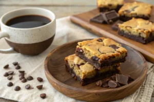 A plate of fresh, baked Brookies  , some whole and some broken to show their dual layers of cookie and brownie, arranged artfully with a glass of milk in the blurred background
