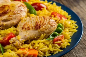 Chicken and yellow rice on a plate