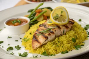 Chicken and yellow rice recipe on a plate