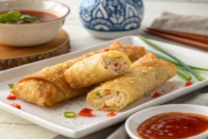 Crab Rangoon Egg Rolls with crispy wrappers and dipping sauce