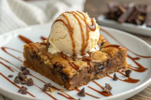 A plate of fresh, baked Brookies with ice cream , some whole and some broken to show their dual layers of cookie and brownie, arranged artfully with a glass of milk in the blurred background