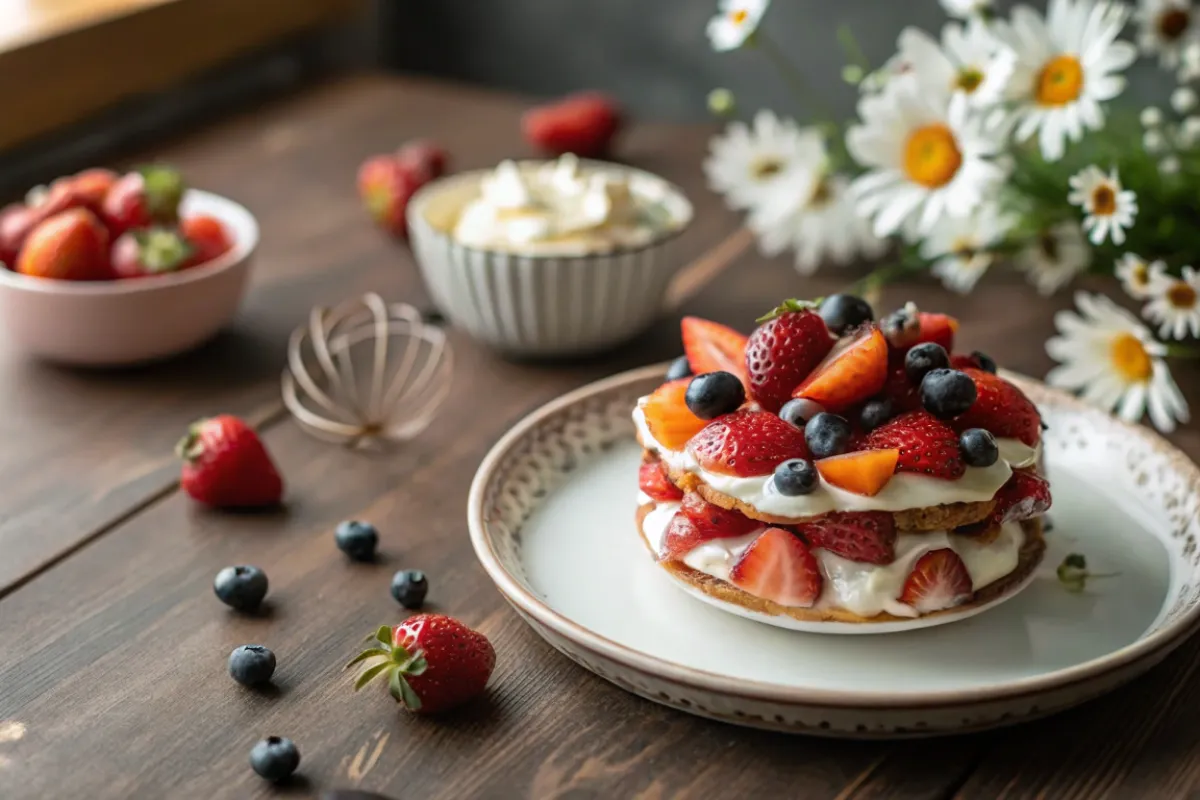 A single serving of Easy Fruit Suedoise. The dessert shows layers of fruit, custard, and a crunchy topping, presented in a clear glass, showcasing its textures