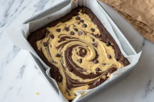 A plate of fresh, baked Brookies, some whole and some broken to show their dual layers of cookie and brownie, arranged artfully with a glass of milk in the blurred background