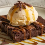 Brookie recipe with vanilla ice cream and caramel sauce.