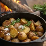 A close-up of Dutch oven potatoes with crispy edges, creamy cheese, and a sprinkling of fresh parsley, served piping hot.