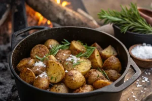 A close-up of Dutch oven campfire potatoes, featuring crispy golden potato slices