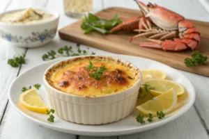 Crab Brulee, with small cracks revealing the creamy custard underneath