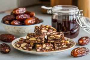 Close-up of a delicious date palm dessert garnished with nuts and a drizzle of honey, served on a decorative plate